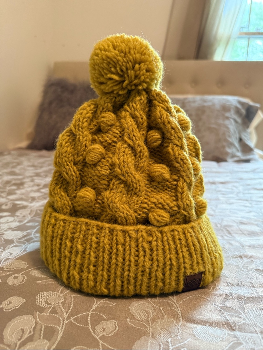Mustard/green Cable-Knit Pom Beanie - Women.  Excellent condition. Small.